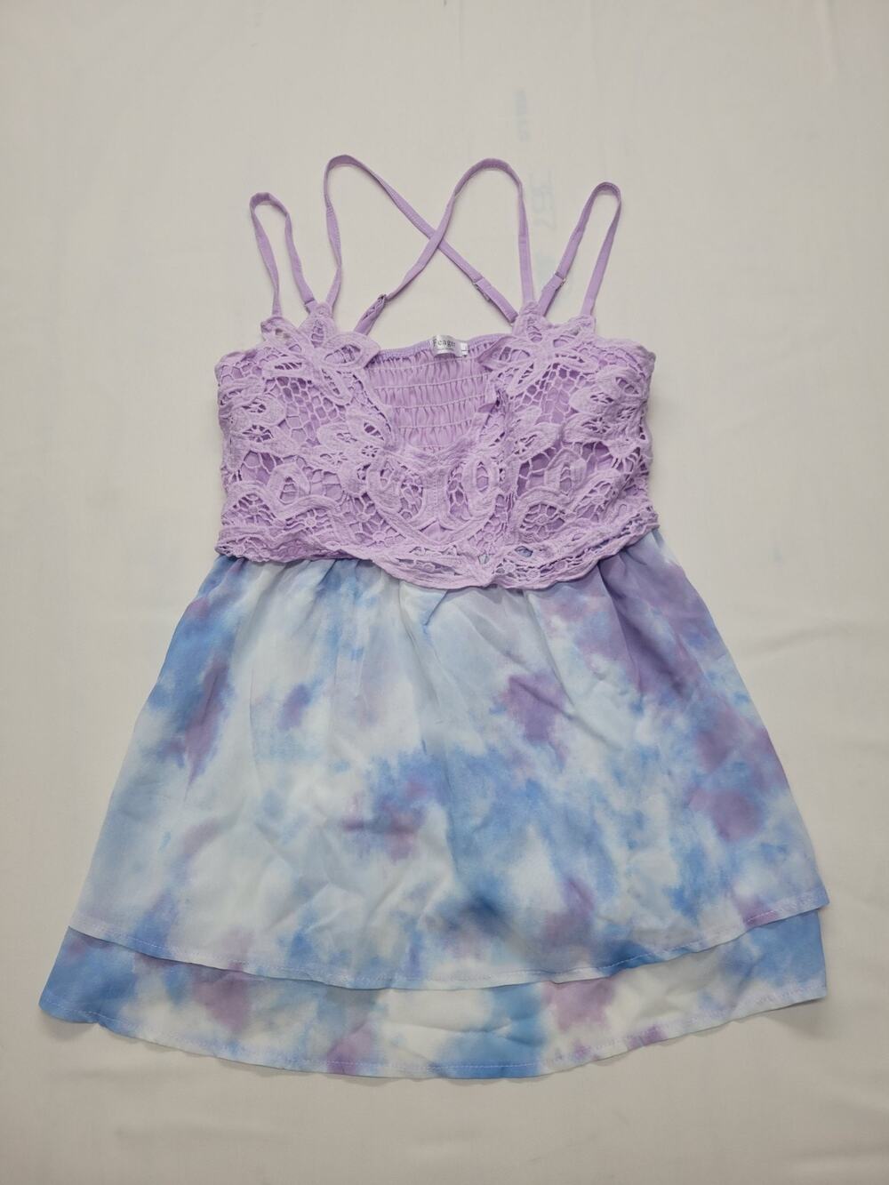 Feager Crochet Lace Strap Ruched Back Summer Tank Top Unicorn Tie Dye Size Large